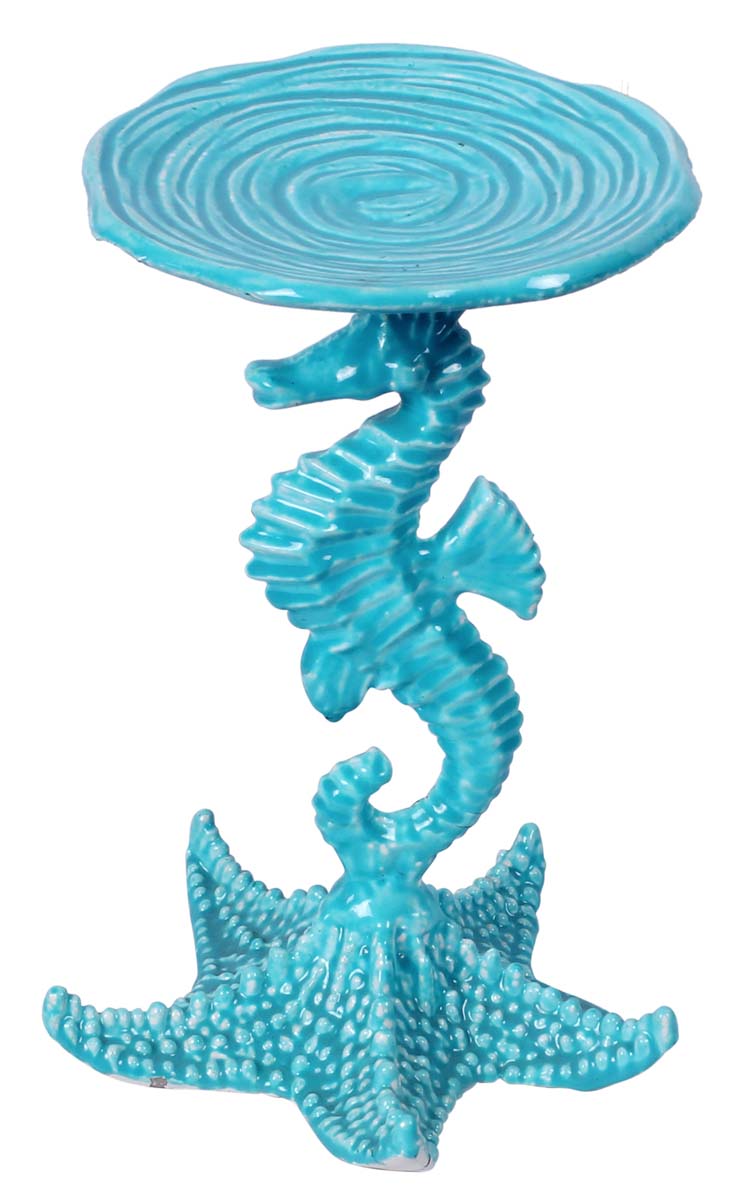 8.8” Medium Sea-Horse Candle-Stand in Aluminum - Sea-Blue - Hand-Crafted Home Decor from India - Buy in Bulk Wholesale